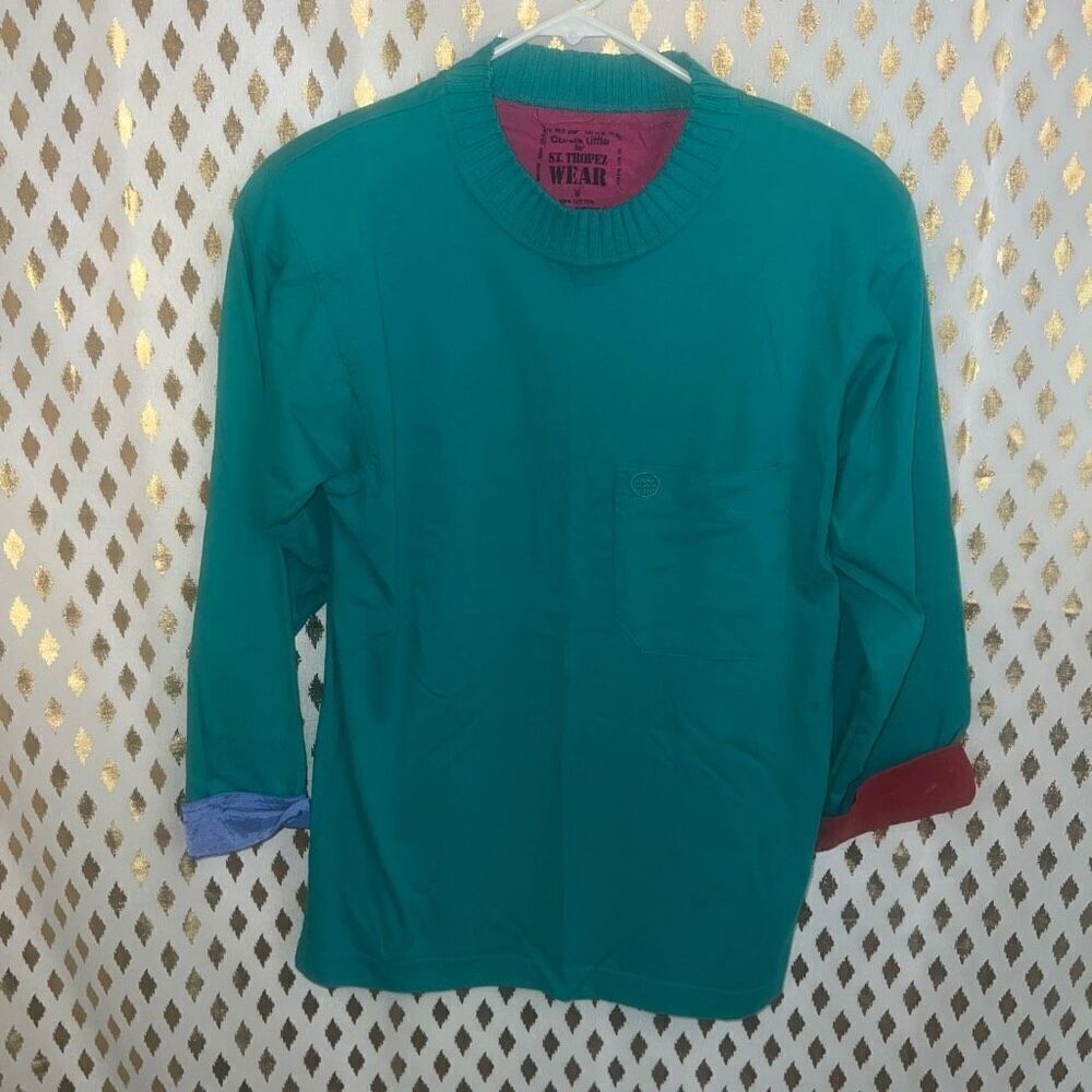 Vintage sweater with shoulder pads teal 80s St. Tropez wear size S 